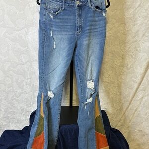 Trendy Blue Flare Jeans with Colorful Accents